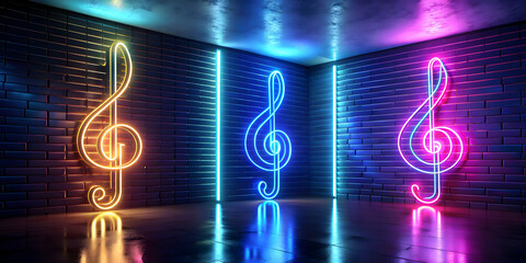 Harmony in Neon Treble and Bass Clefs Floating in Modern Space with Neon Lighting, Generative Ai, neon, harmony, music