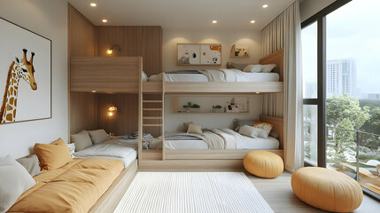 A modern, minimalist bedroom with a bunk bed