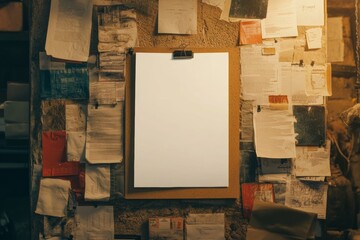 Mockup of a blank flyer on a bulletin board surrounded by various event promotions in a community space