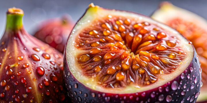 A close-up photo of a figi fruit with water droplets , figi, fruit, tropical, exotic, organic, healthy, fresh