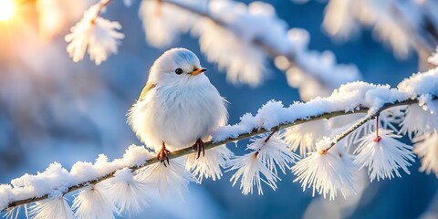 little cute fluffy white bird on hoarfrost branch