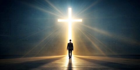 Person walking towards a glowing cross symbolizing salvation , faith, religion, spirituality, salvation, hope, belief