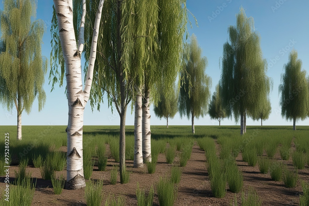 Aufkleber realistic 3d models of rustic birch and willow trees with detailed ground shadows for ecological des