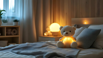 A soft, plush teddy bear sits on a bed with a warm, inviting glow from its built-in nightlight. The bed is made with a gray blanket and white pillows.