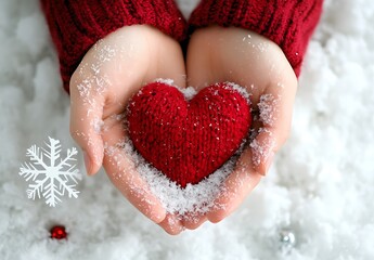 Close-up of hands holding a red heart against a white background with snowflakes