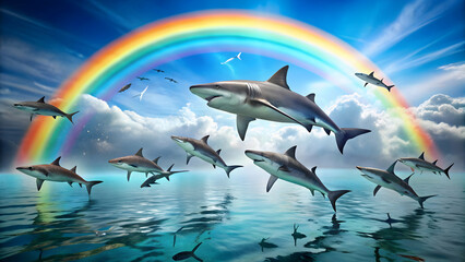 Sharks having a party, dancing with pride under the rainbow in the ocean, sharks, party, dance, pride, rainbow, ocean