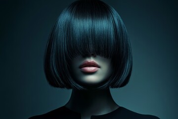 Stylish woman with shiny bob haircut posing against a dark background in a modern hair styling session