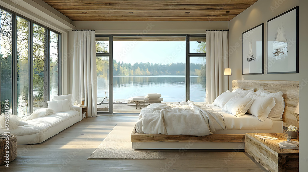 Wall mural A spacious and modern bedroom with a large window overlooking a serene lake, with natural wood accents and a minimalist design.