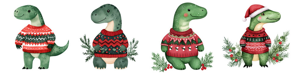Adorable cartoon dinosaurs in festive sweaters for a cheerful holiday vibe. Perfect for kids' designs and seasonal decorations.