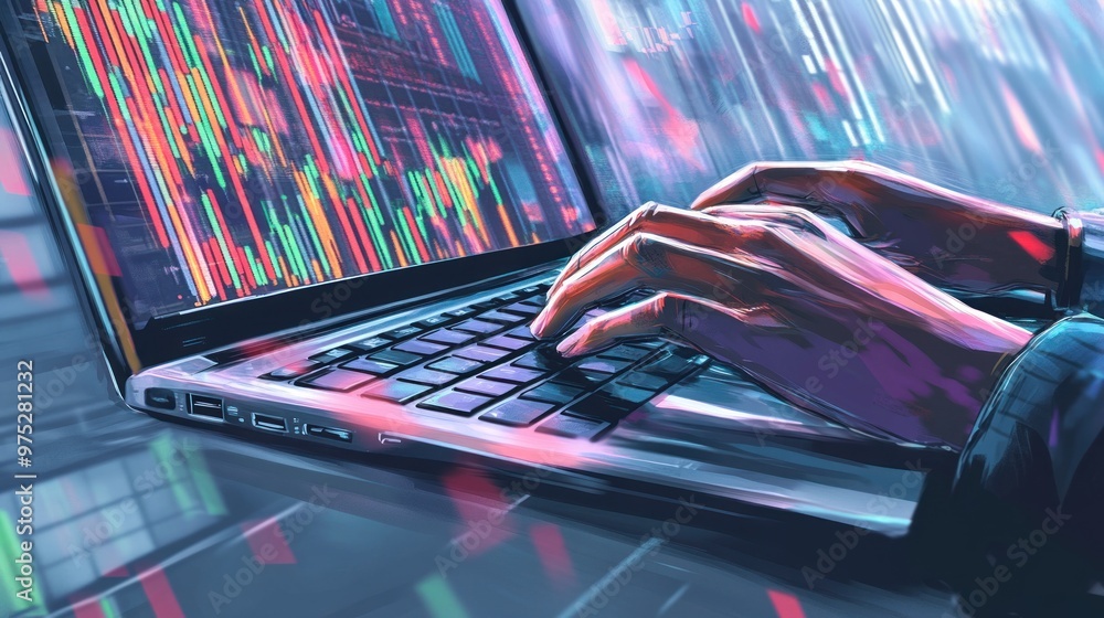 Poster Hands Typing on a Laptop with Stock Market Data Displayed on Screen