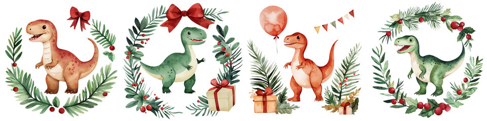 Obraz premium Colorful dinosaurs in festive wreaths, perfect for holiday-themed illustrations and children's decor.