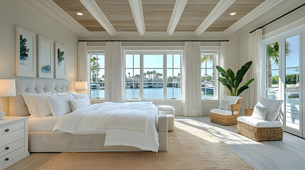 Fototapeta premium A spacious bedroom with a king-size bed, white linens, and large windows overlooking a waterfront view. The room is decorated in a coastal style with a light and airy feel.