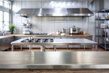 Steel table top with blurred empty kitchen background can be used for mocking up or display product to make advertising