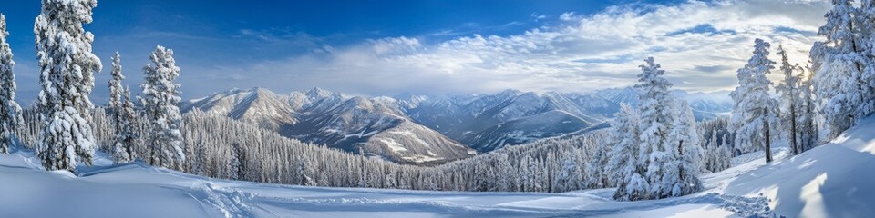 Obraz premium Snowy mountains, forested landscape, winter scenery, panoramic view, snow-covered trees, cold wilderness, peaceful nature, frosty weather, scenic outdoors, tranquility, winter concept