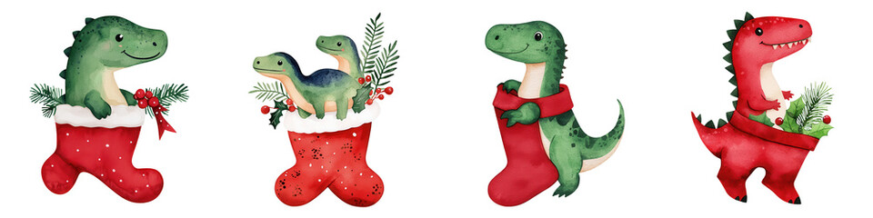 Fototapeta premium Festive dinosaurs in stockings, perfect for holiday decorations and children's Christmas themes.