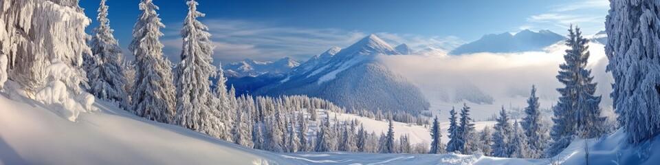 Obraz premium Winter Wonderland with Snowy Trees and Majestic Mountain Peaks, Serene Landscape, Cold Weather Concept