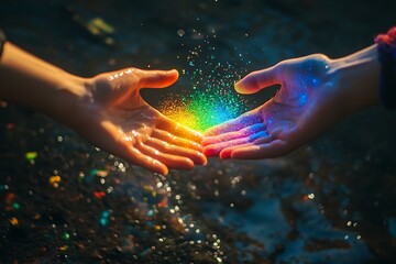 A close-up of two hands, one gently holding the other with an outstretched palm, in front of a dark background