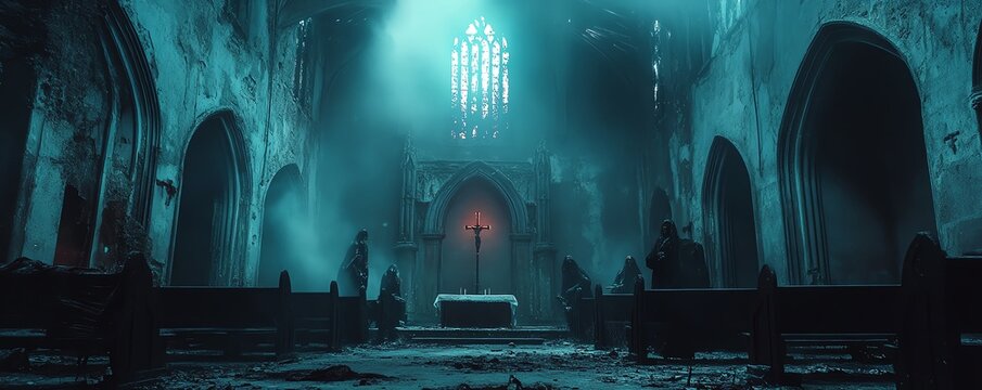 Creepy cult performing a dark spell in an abandoned church, terror building as the air fills with malevolent energy