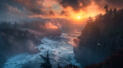 Dramatic Sunset Over Coastal Cliffs with Misty Ocean and Flying Birds