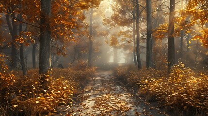 Obraz premium Golden Autumn Forest Path with Stream and Sunlight