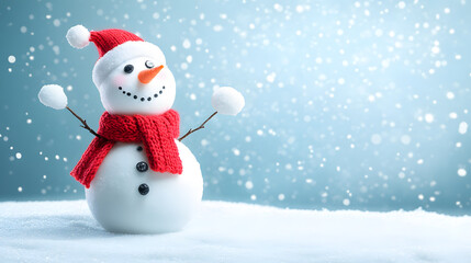 Fototapeta premium Cheerful snowman with red knitted scarf, arms raised, standing on snowy surface as snow falls against light blue sky