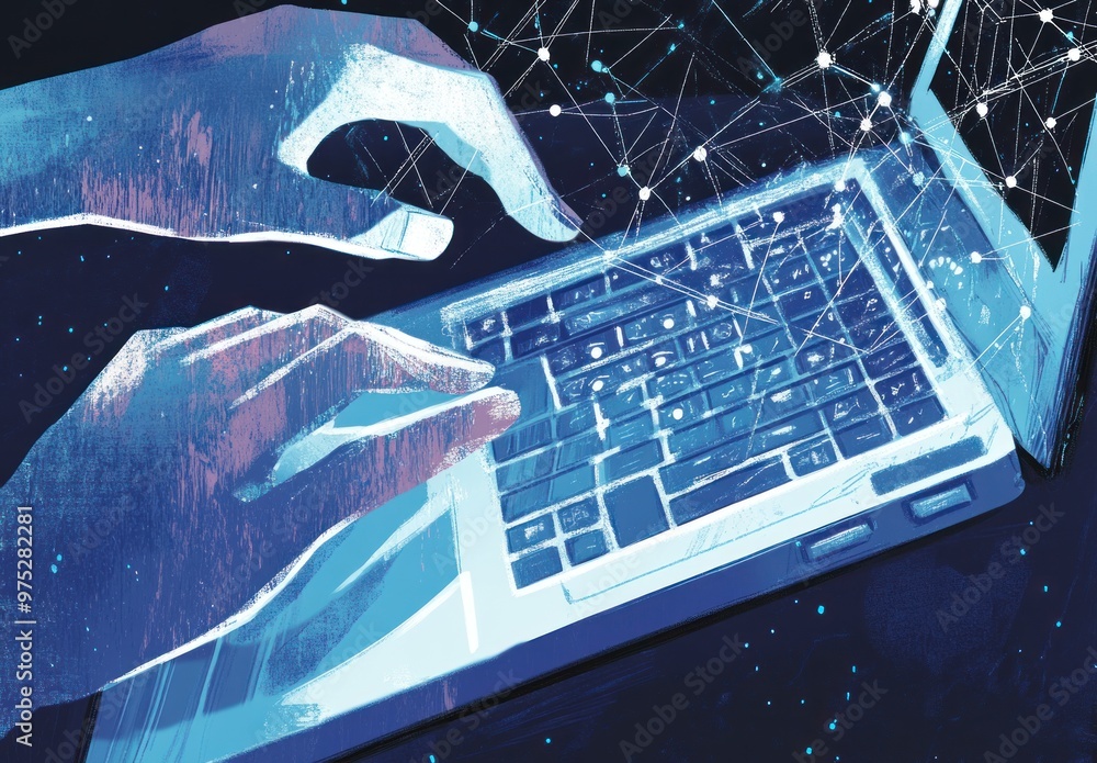 Poster hands typing on laptop with network connection