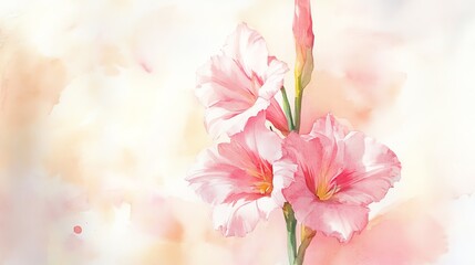 Obraz premium A beautiful watercolor painting of pink gladiolus flowers against a soft, blended background, perfect for floral art lovers.