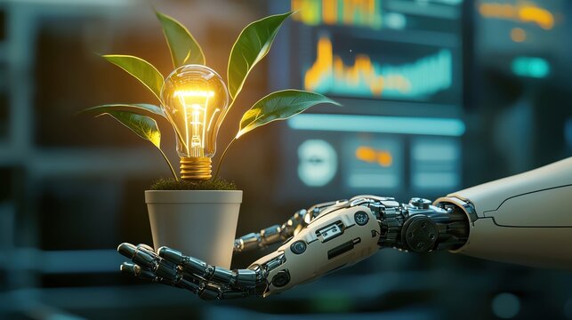 Close-up of a AI robot's hands holding A potted plant with a flower that is a glowing gold light bulb