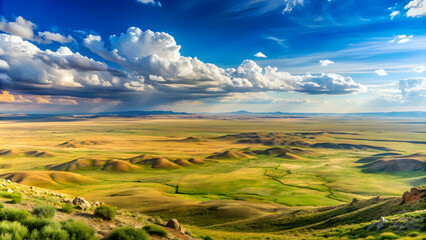 Obraz premium Panoramic view of the Akkergeshen plateau showcasing the vast Kazakh steppe landscape , Kazakhstan, Akkergeshen plateau