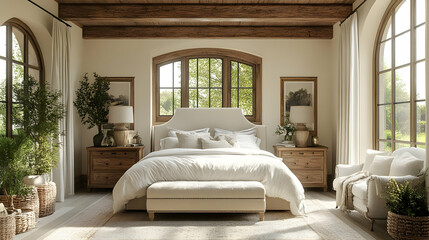 A spacious bedroom with a large bed, white linens, and wooden furniture. The room features a vaulted ceiling, large windows, and natural light.