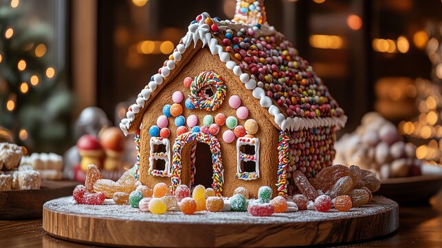Gingerbread house with boobytrapped candy decorations, each hiding a playful surprise