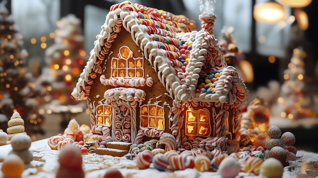 Gingerbread house with boobytrapped candy decorations, each hiding a playful surprise