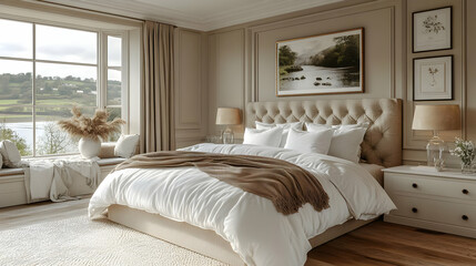 A spacious bedroom with a large window overlooking a lake and mountains.  The bed is made with white linens and a brown throw blanket. There is a rug on the floor and two bedside tables with lamps.