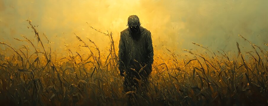 Haunting figure of a farmer with a weathered face, surrounded by a bountiful harvest, ghostly glow in the twilight