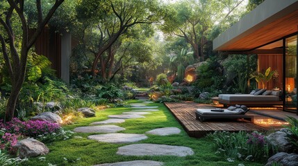 Fototapeta premium Lush garden pathway leading to a modern outdoor living space.