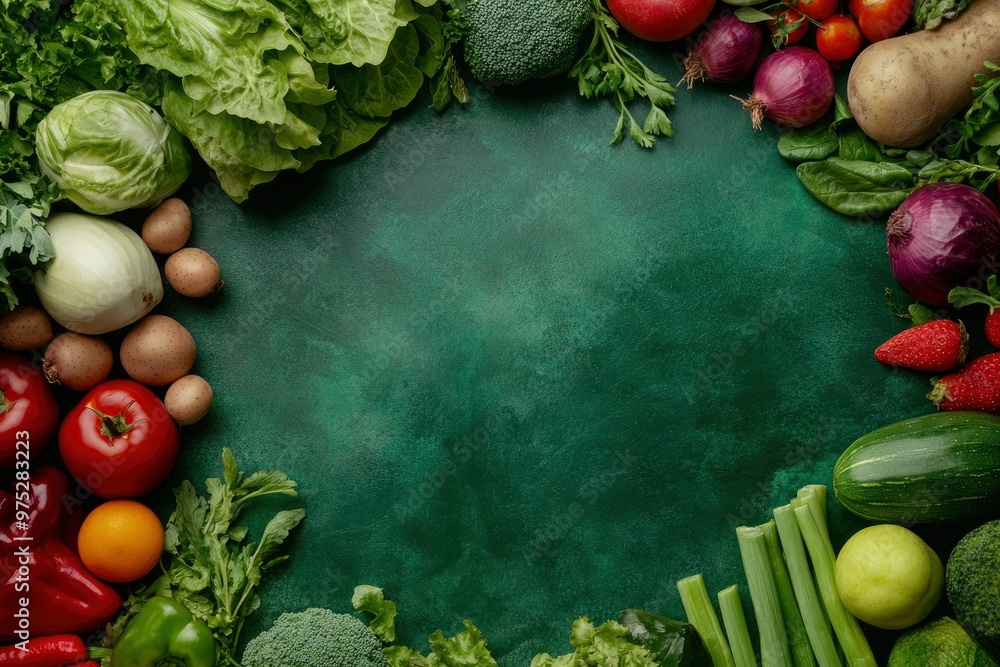 Wall mural organic ingredient products advertising photo template over green texture. plenty fresh vegetables a