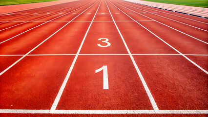 Close-up view of a red running track with numbered lanes 1, 2, and 3 , red, running track, lanes, numbered, athletics