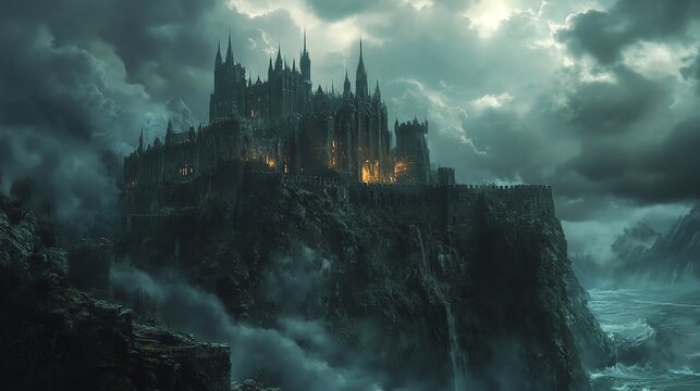 Mysterious castle on a cliff, where an evil sorcerer practices dark sorcery, storm clouds gathering overhead