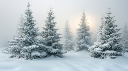 Snow-covered pine trees in a foggy winter forest. AI generative. .