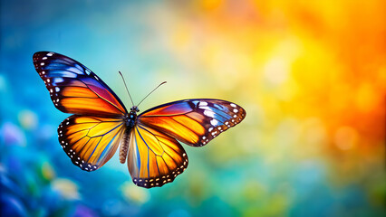 Fototapeta premium Beautiful butterfly flying with blue, yellow, and orange wings on background, Butterfly, Beautiful, Flight, Blue, Yellow, Orange