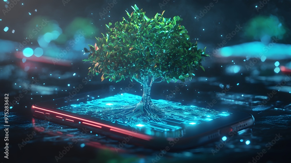 Poster green tree growing from smartphone screen with circuit board pattern