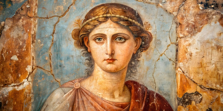 Fresco of a woman in Pompeii home , Pompeii, Italy, Domus, artwork, painting, woman, figure, ancient, ruins