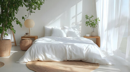 A white bed with a wicker basket, a bedside table, and a lamp in a bedroom with a window.