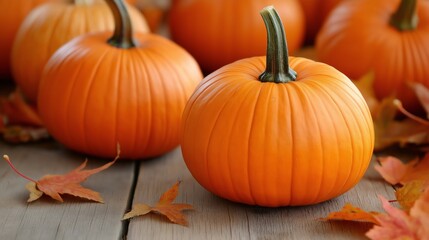 A warm autumnal still life featuring vibrant orange pumpkins and fallen leaves on a wooden surface, evoking the cozy and festive spirit of the fall season