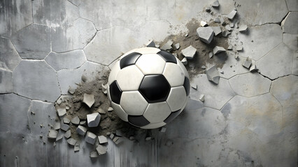 Soccer ball breaking through concrete wall, creating damage , soccer, ball, concrete, wall, breakthrough, impact, damage