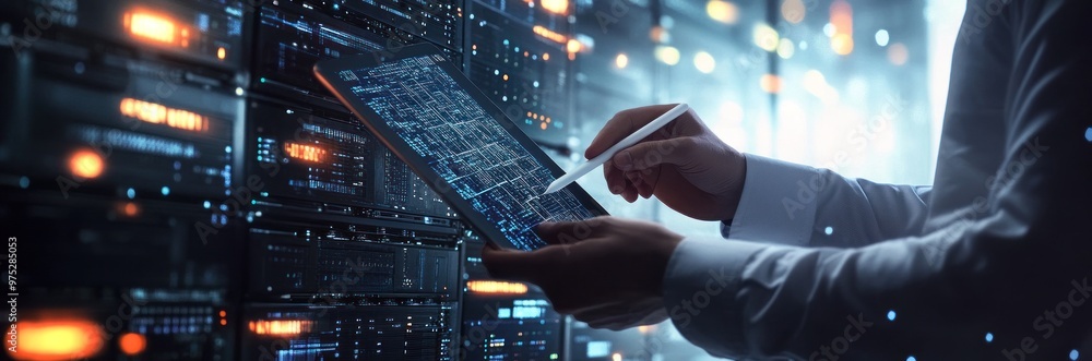 Poster technologist analyzing data in server room