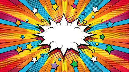 Colorful pop art explosion with comic book style speech bubbles and onomatopoeic words, pop, art, explosion © Selene Studio