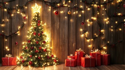 Festive Christmas Decoration on Wooden Wall with Tree and Gifts, Soft Velvet Background with Lights and Stars