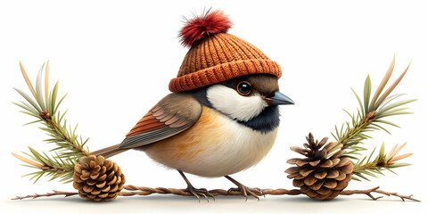 Cartoon bird wearing a winter hat made of twigs and pine cones, bird, cartoon, cute, winter, hat, twigs, pine cones