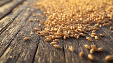 Obraz premium A close-up 3D view of organic wheat grains dispersed over a textured, old wooden surface. The grains are rendered with fine details, including their individual shapes and natural colors, contrasted 